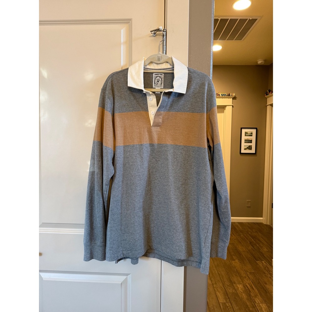 Vintage Men's‎ Lands' End Gray and Tan 100% Cotton Large Tall (LT) Rugby Shirt - Picture 8 of 8